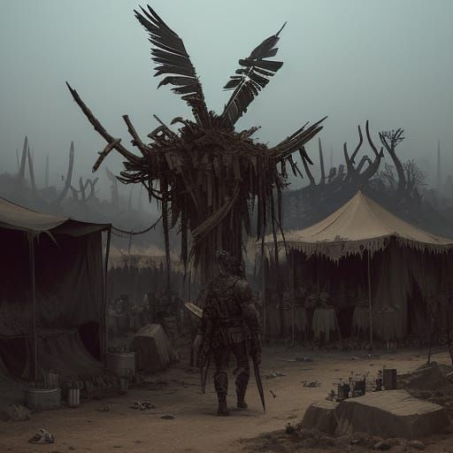 Savage Flesh Raider Camps in a Gritty, High-Contrast Landsca...