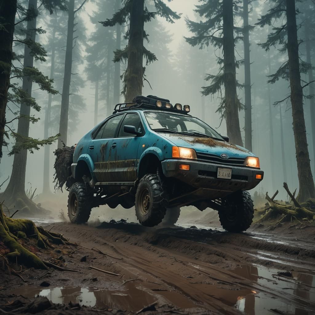 Diesel Prius on Mud Tires in Mystical Forest