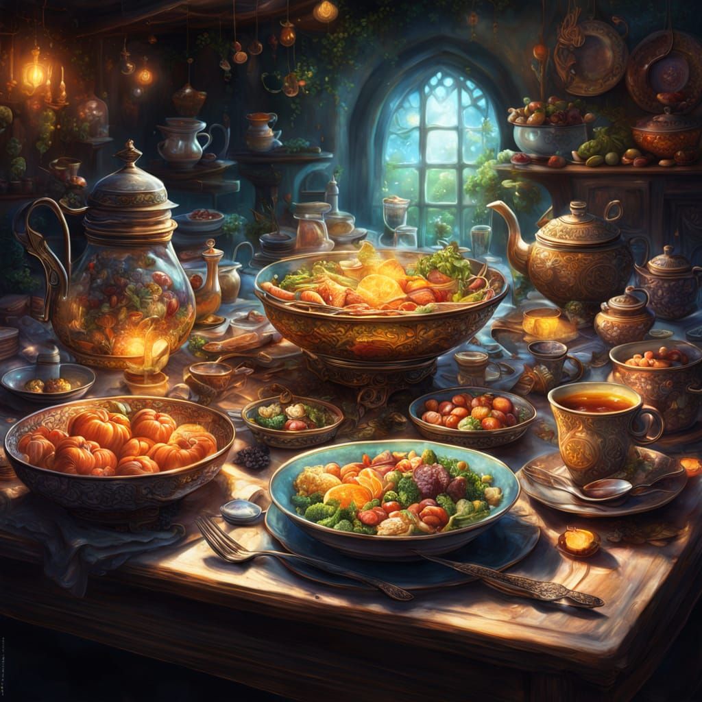 Magical Floating Feast in Detailed Fantasy Art