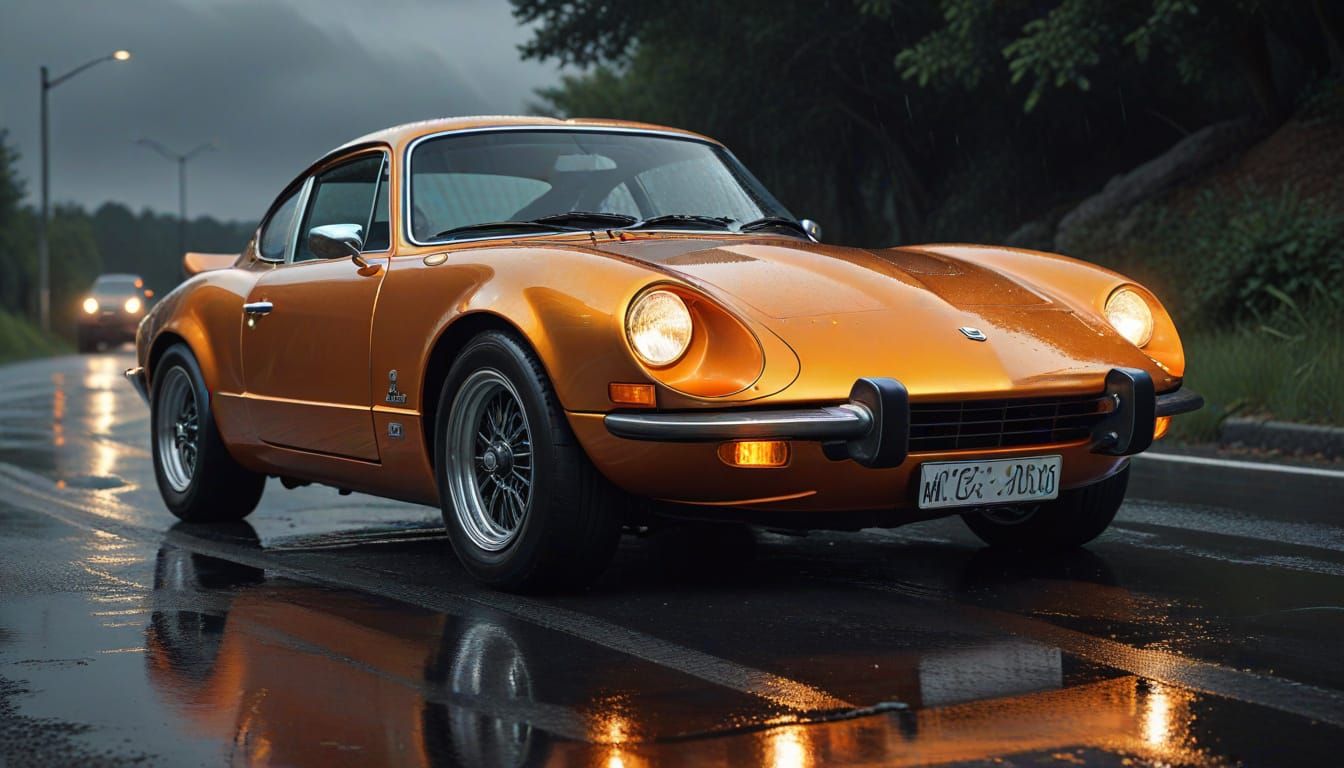 Golden Alpine A110 Speeds Down Wet Coastal Road