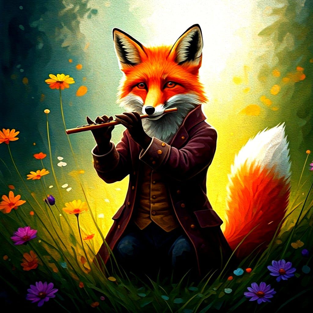 Fox Playing Flute as Gouache Style Painting