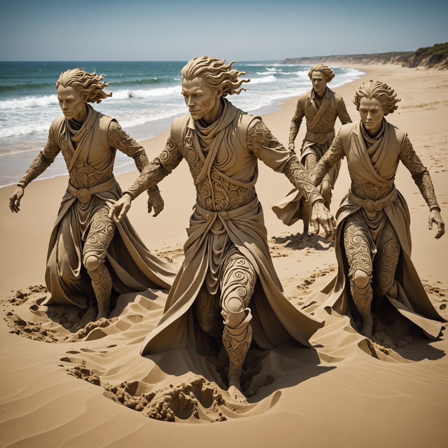 Sand Humanoids Surrender to the Ocean's Fury