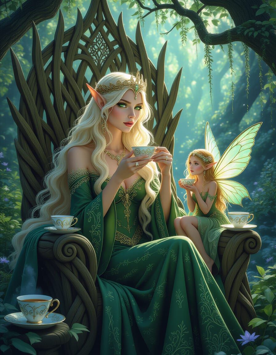 Elven Queen Sipping Tea in Bioluminescent Grove
