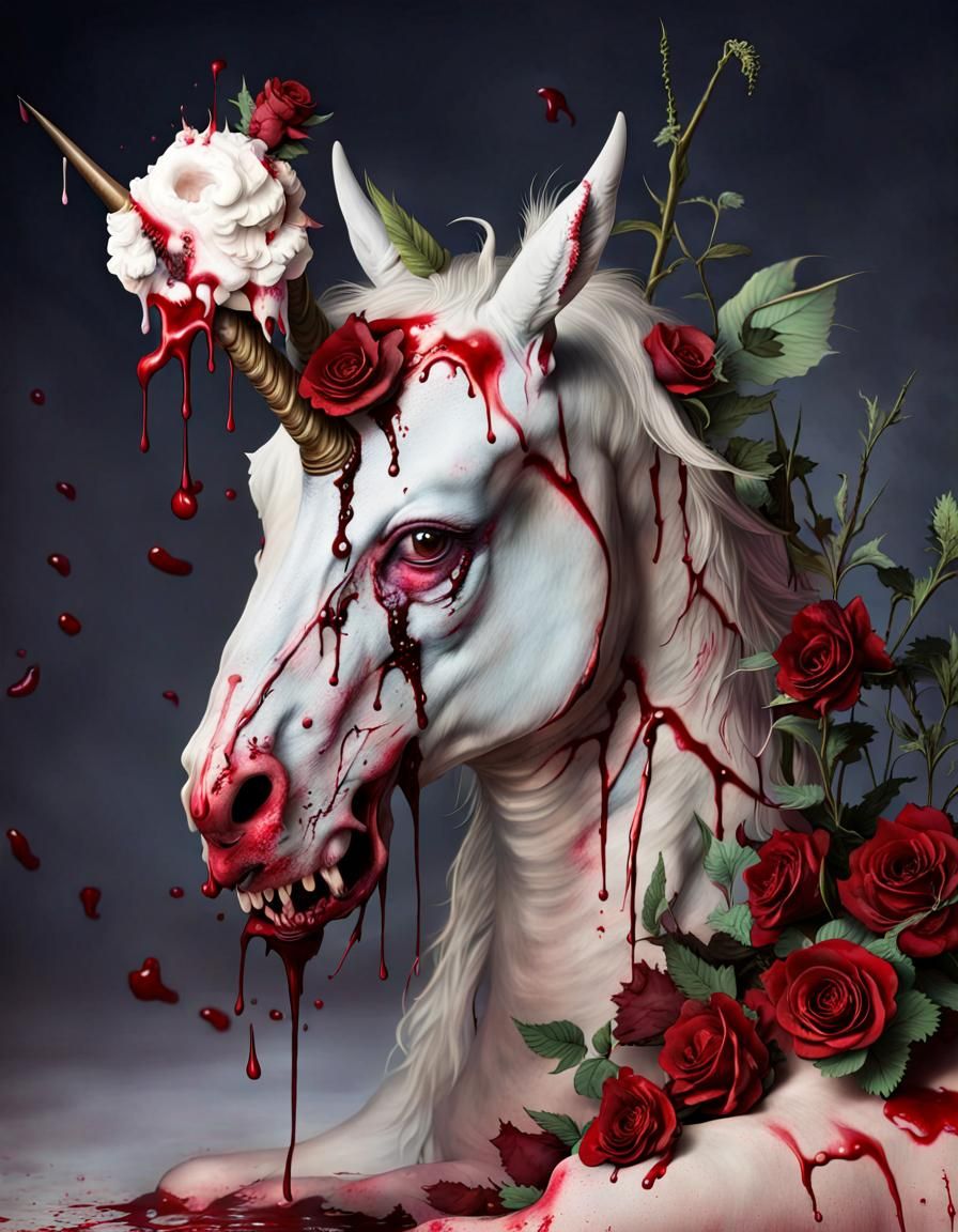 Macabre Zombified Unicorn with Bleeding Cherub Head