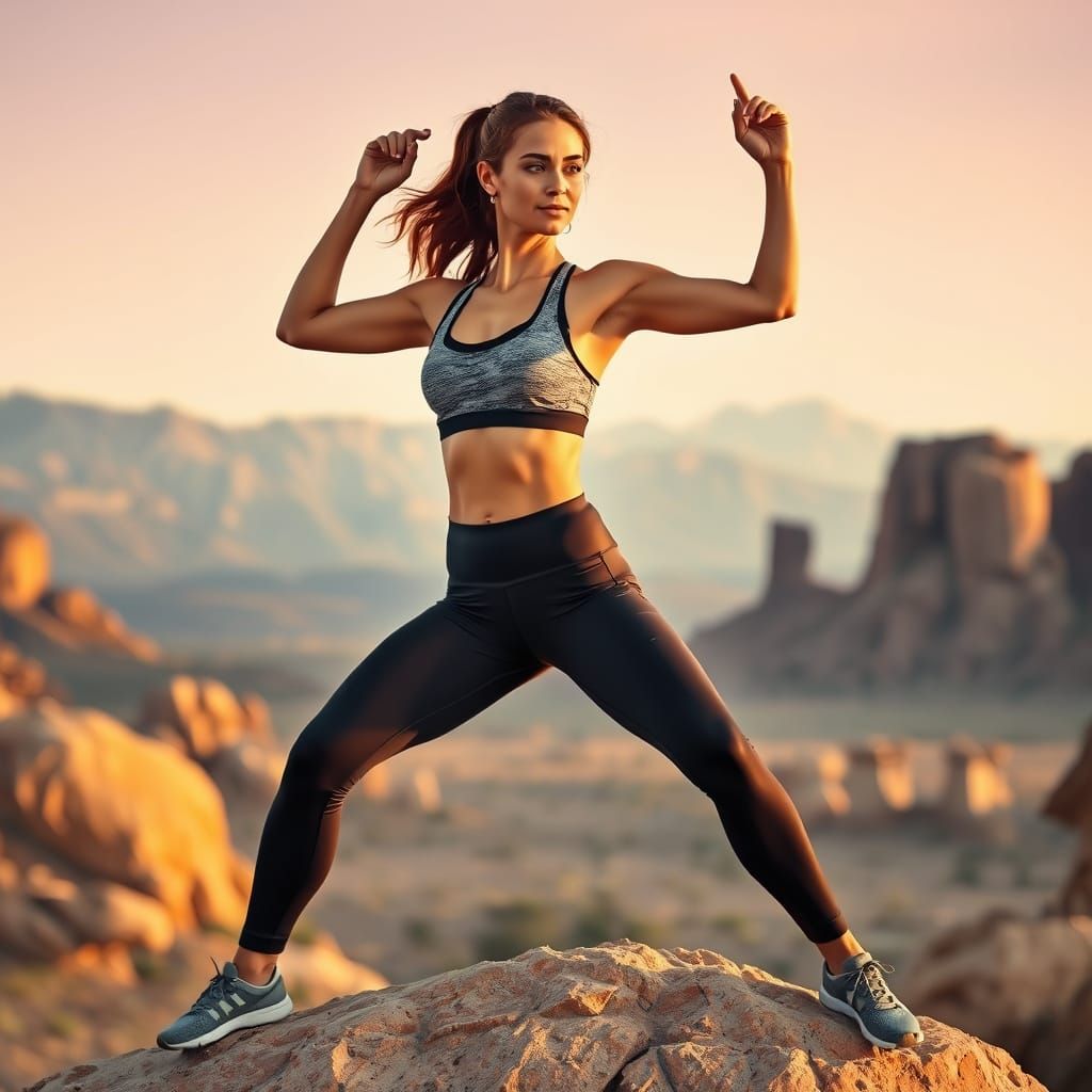 Woman in Warrior II Pose, Desert Landscape, Hyperrealistic S...