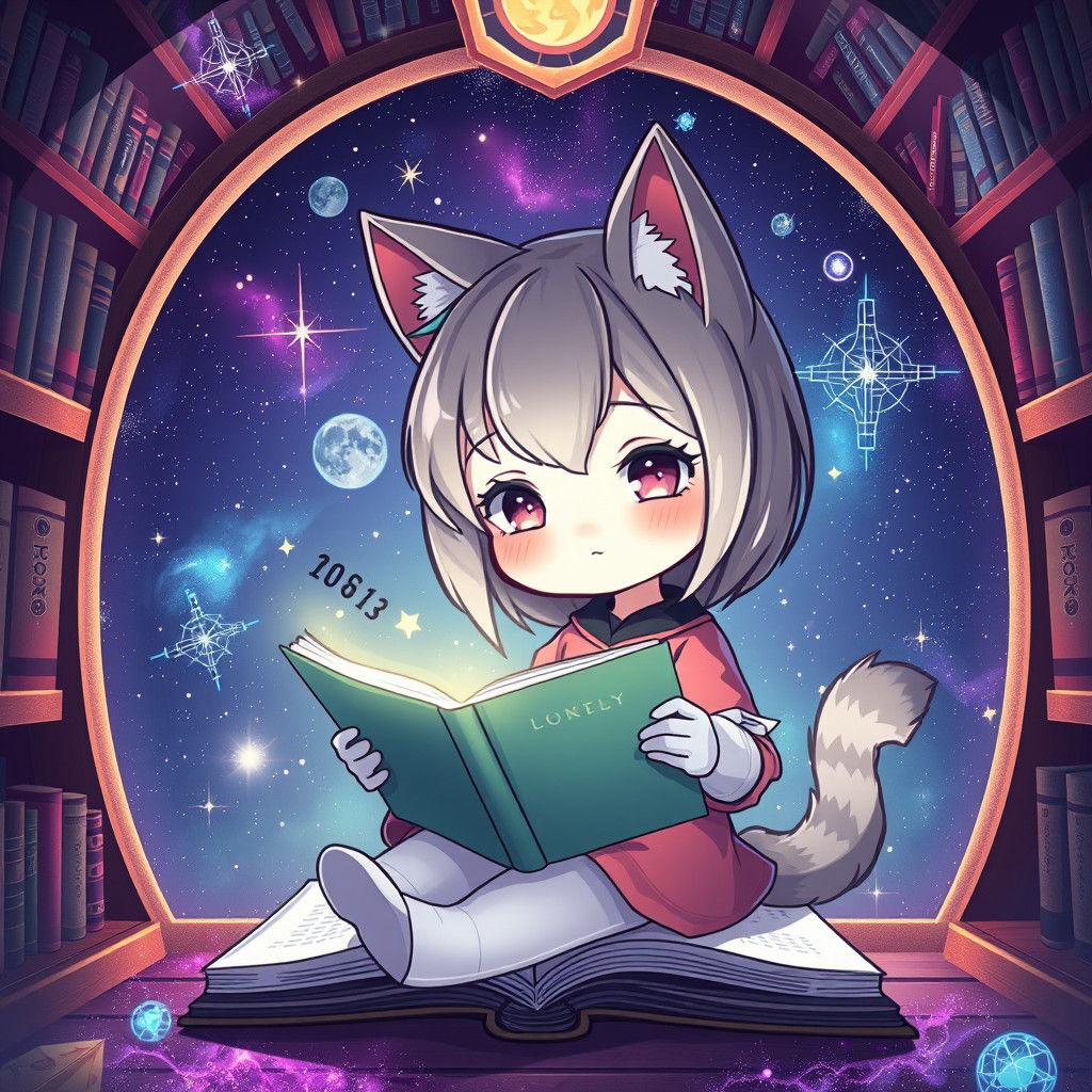 Chibi Cat Girl Reads in Cosmic Library