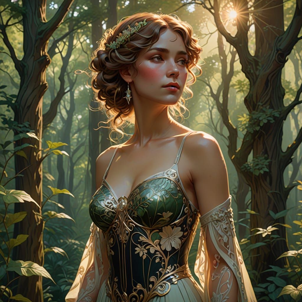 Art Nouveau Woman in Forest Digital Painting