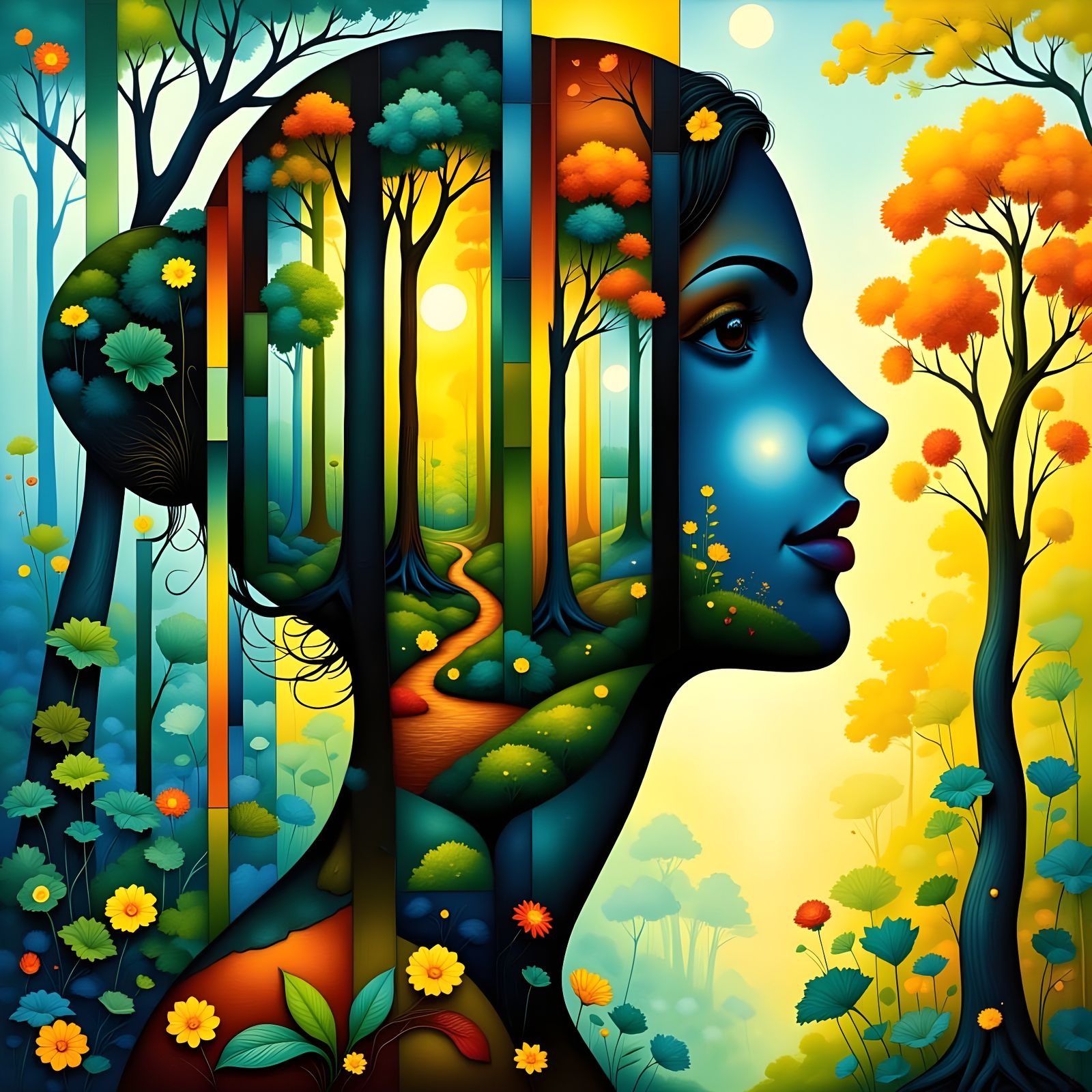Vibrant Woman Embracing Nature's Colors in a Whimsical Doubl...