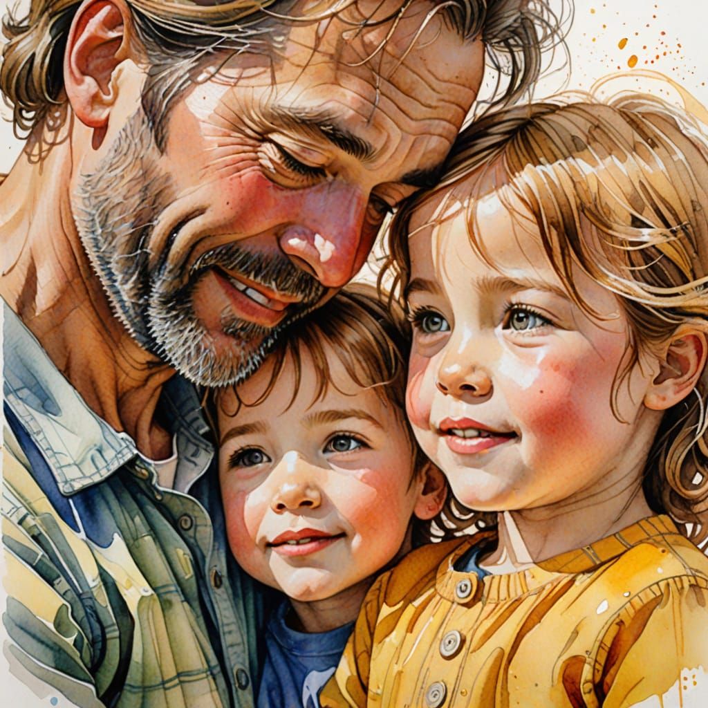 Touching Father and Child Watercolor Illustration