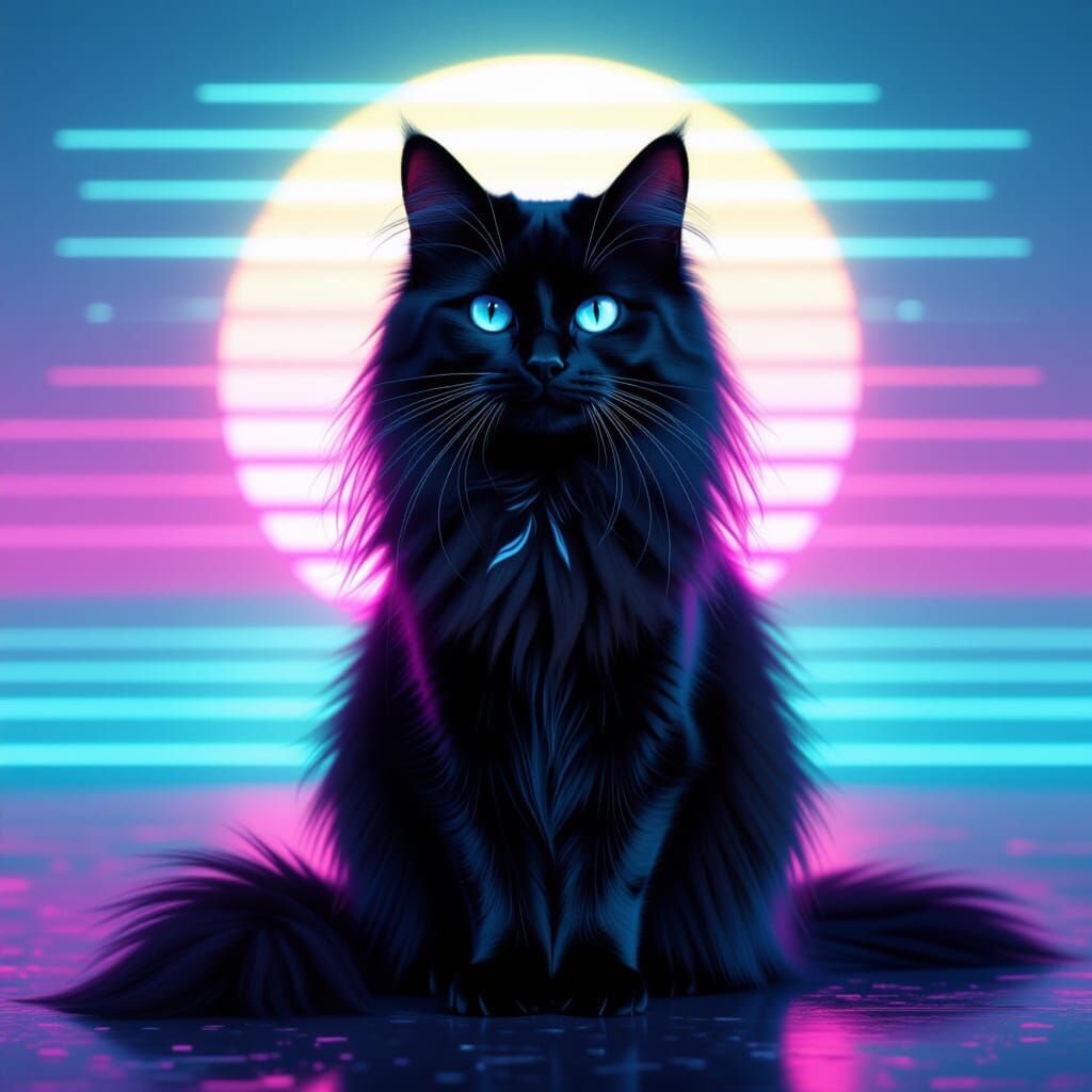 Creepy Beautiful Black Long Haired Cat in Synthwave Neon Ret...