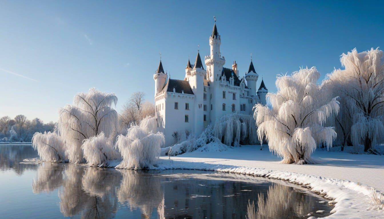 Winter Castle Scene with Luxurious Towers and Frozen Willow