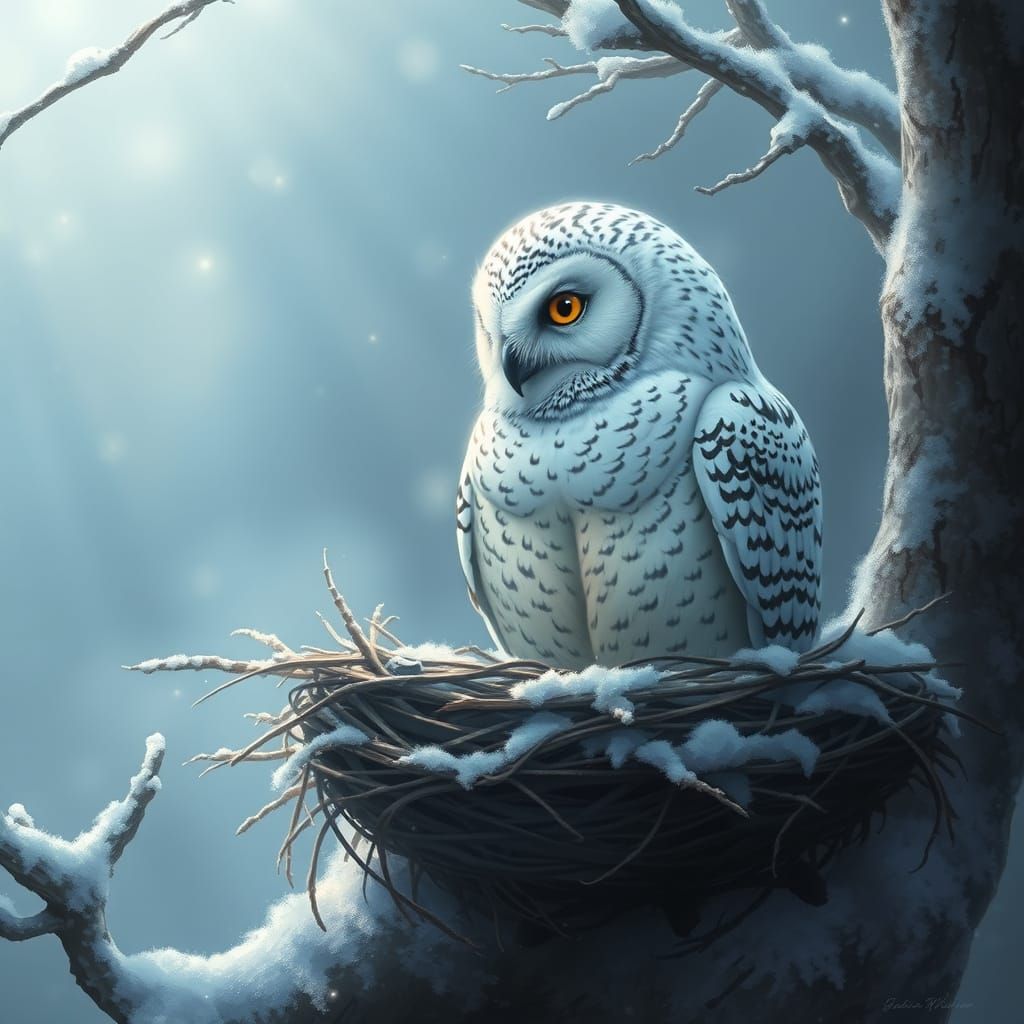 Whispering Snowy Owl in Ethereal Fantasy Landscape