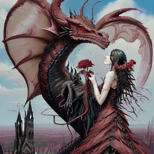 Gothic Church with Giant Red Roses and Black Dragon