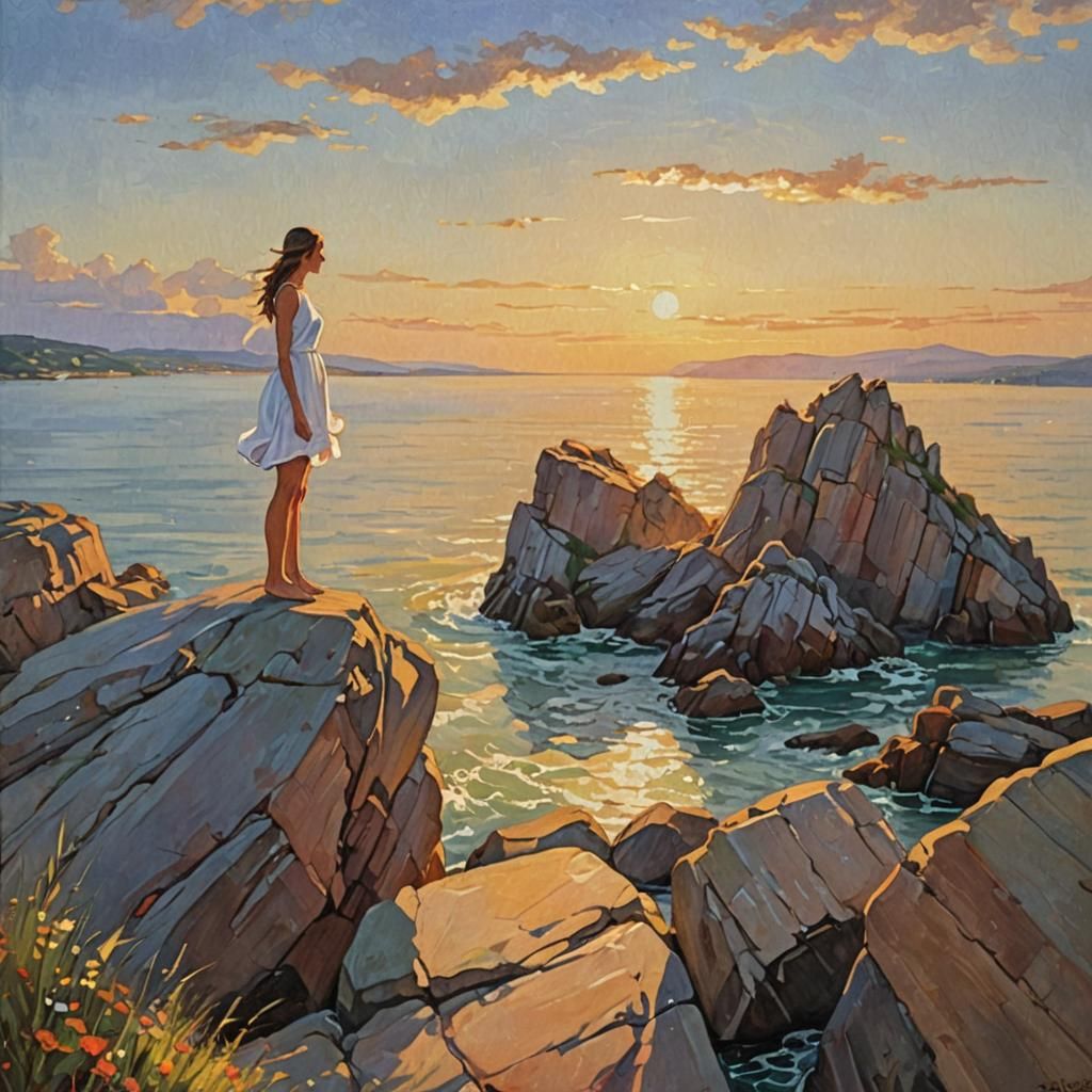Luminous Landscape Painting of Woman by Water