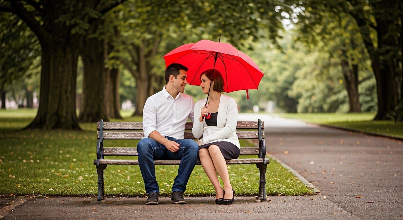 Romantic Park Scene Under Vibrant Red Umbrella