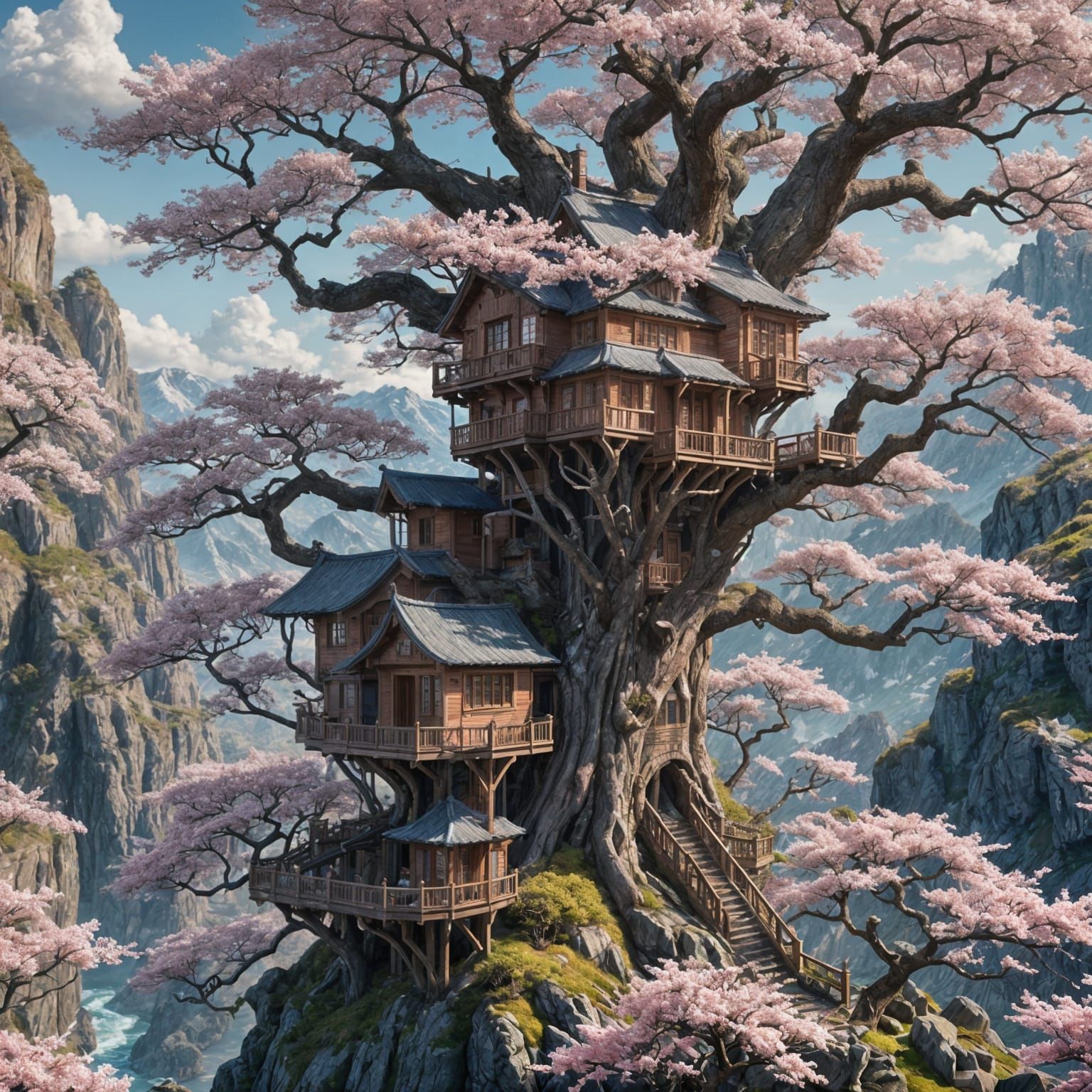Cherry Blossom Treehouse on Cliff: Digital Art
