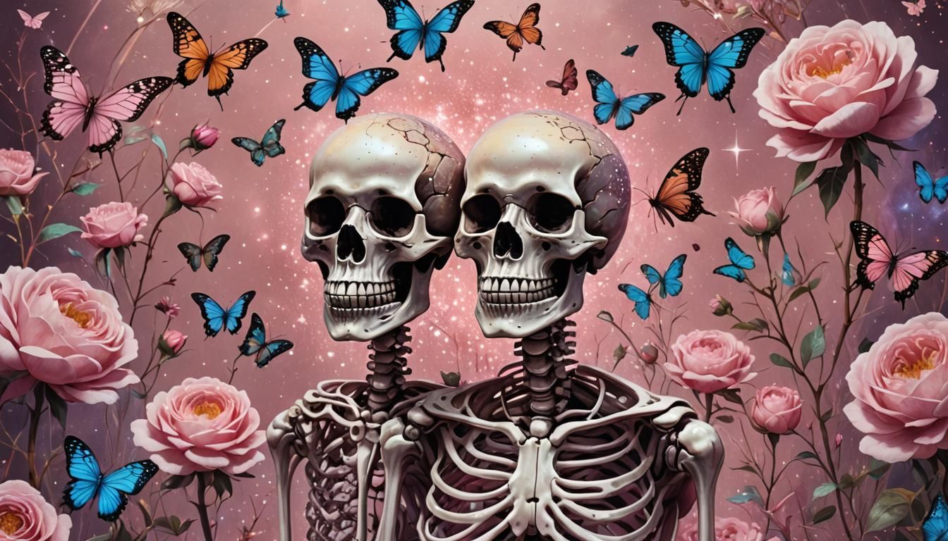 Skeleton with Butterflies and Flowers in Astral Style