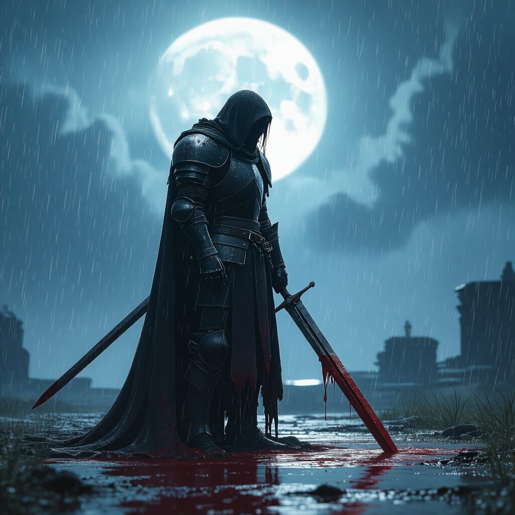 Defeated Knight in Rain with Broken Sword