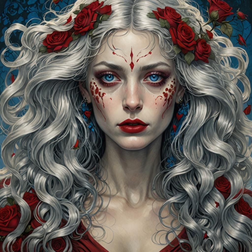 Tattooed Woman with Silver Hair, Dark Fantasy Style