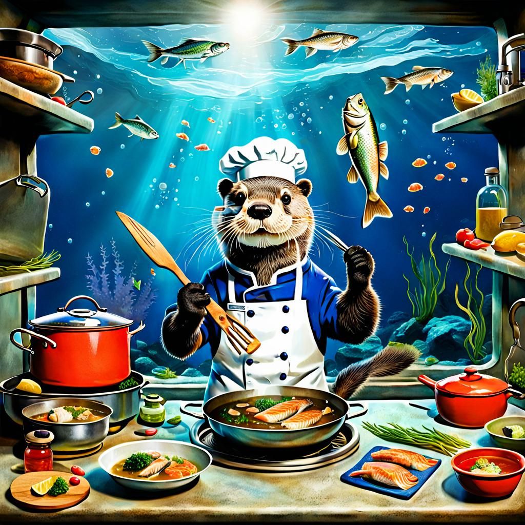 Chef Otter Cooks Fish in Underwater Kitchen
