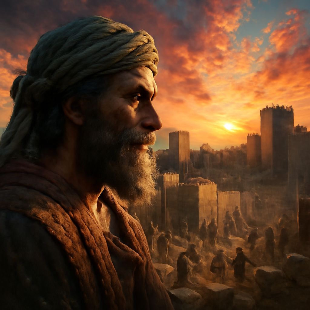 Nehemiah Oversees Jerusalem's Walls Rebuilt at Sunrise