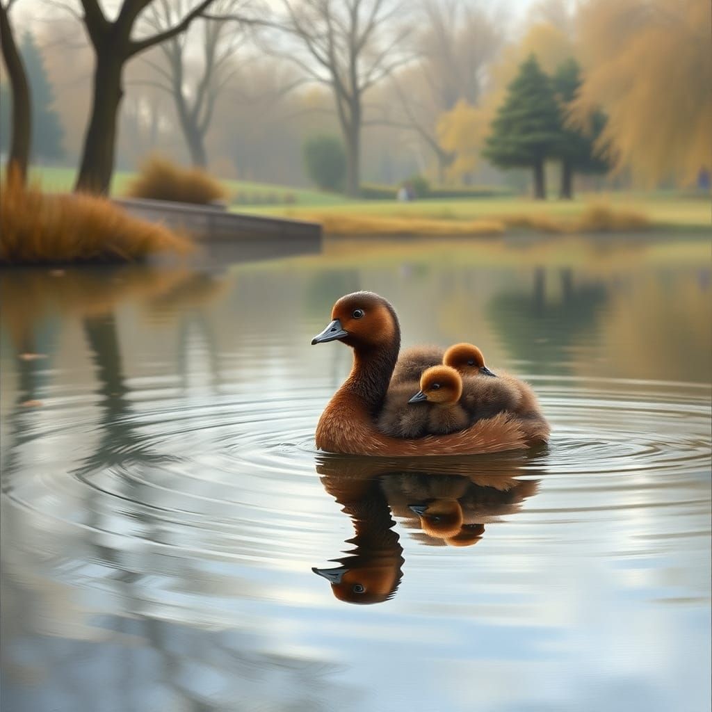 Dabchick Mother and Babies in Oil Colors