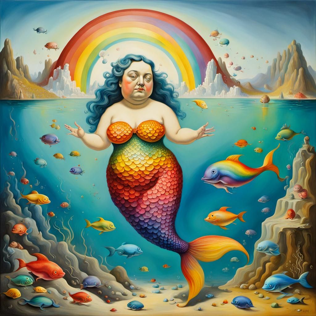 Rainbow Mermaid in Surrealist Melting Dreamscape