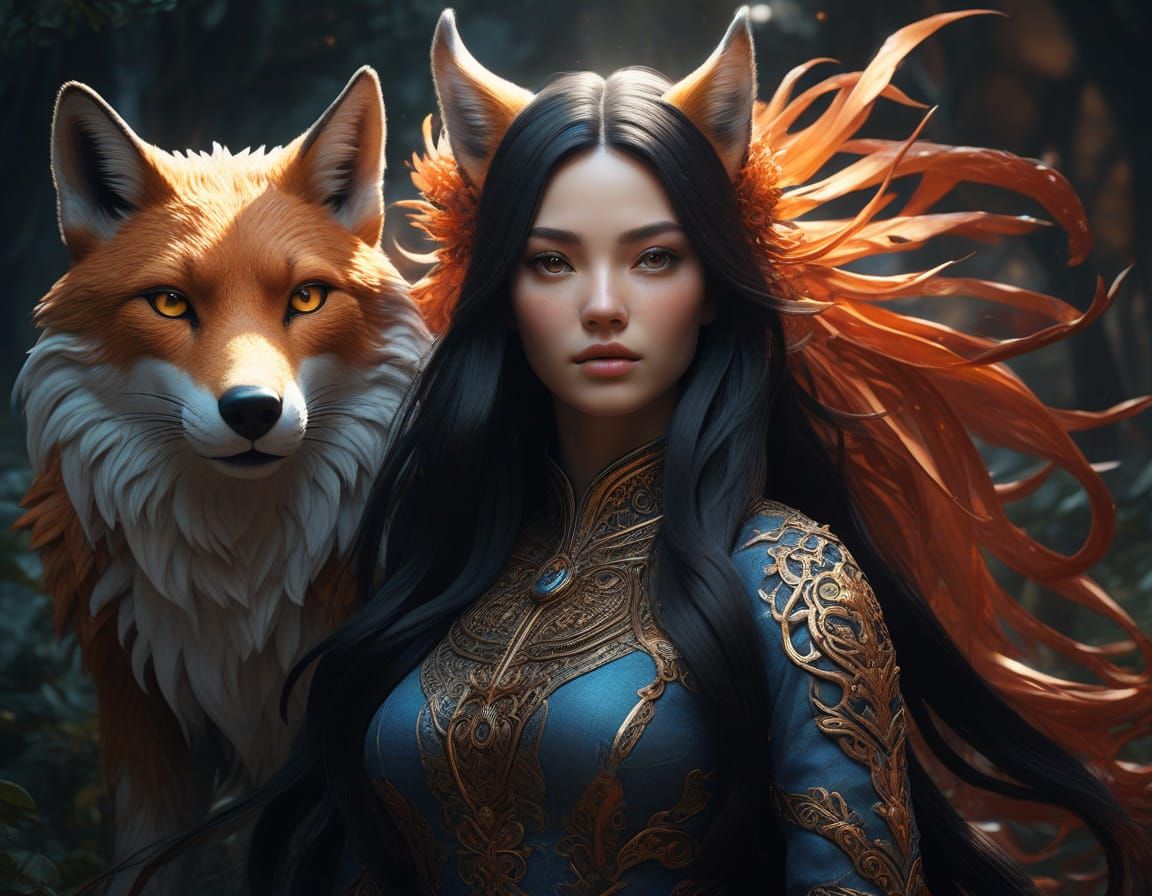 Enchanting Fantasy Portrait of a Nine-Tailed Fox