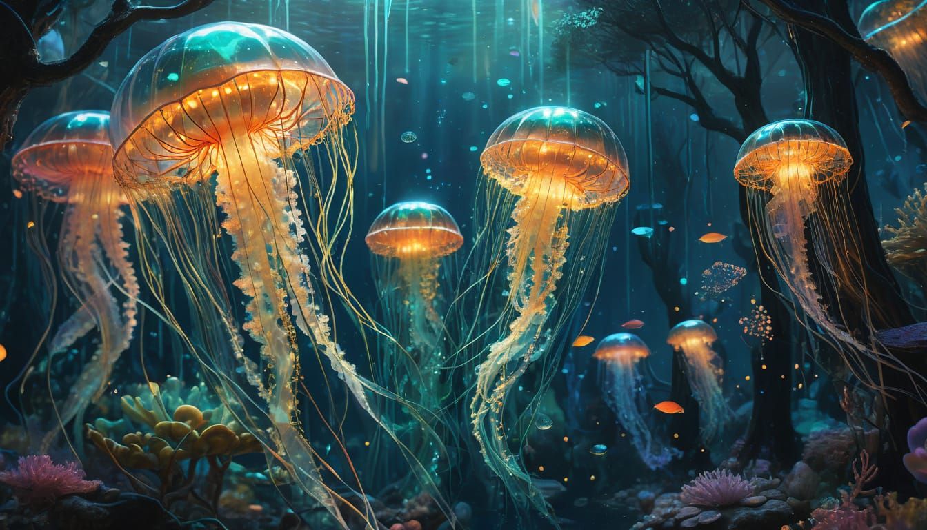 Dreamlike Surrealism in Vibrant Coral Reef with Bioluminesce...