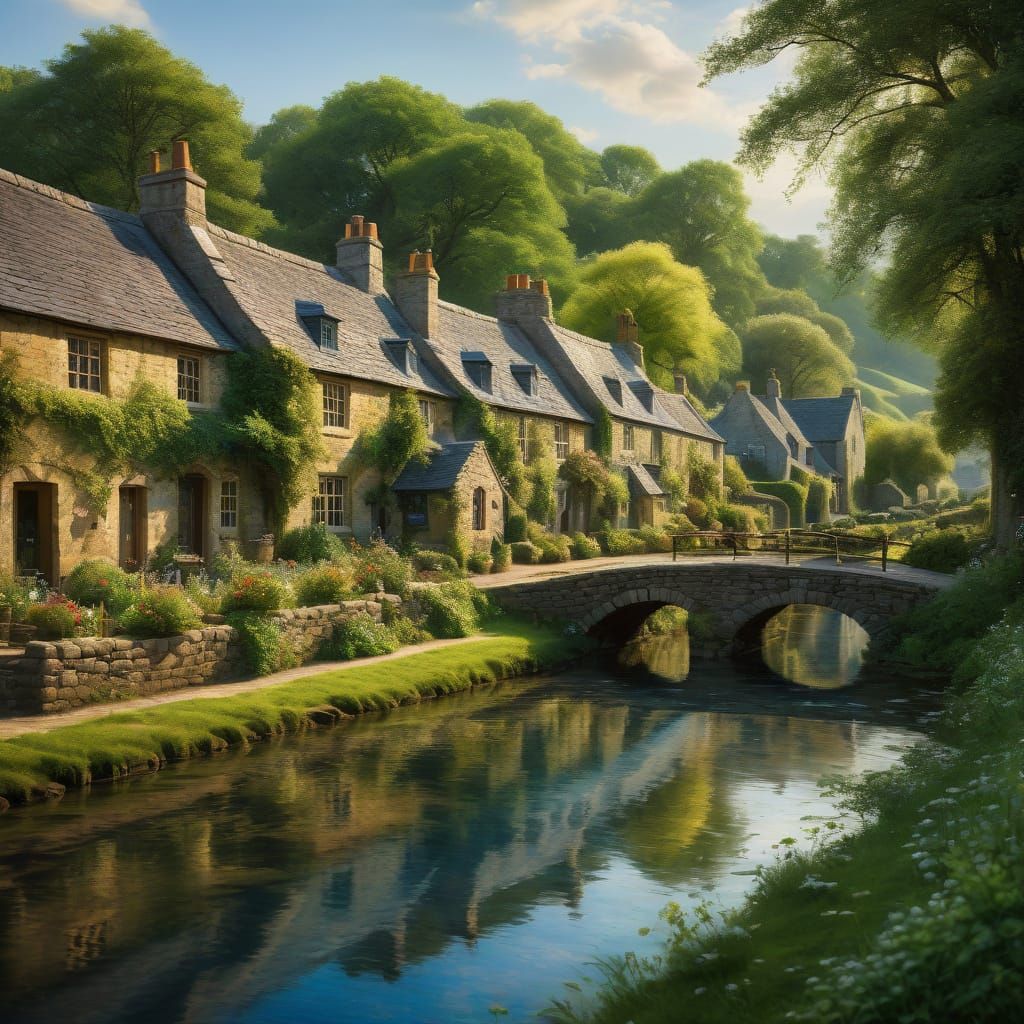 Impressionistic Village Oil Painting Beside River