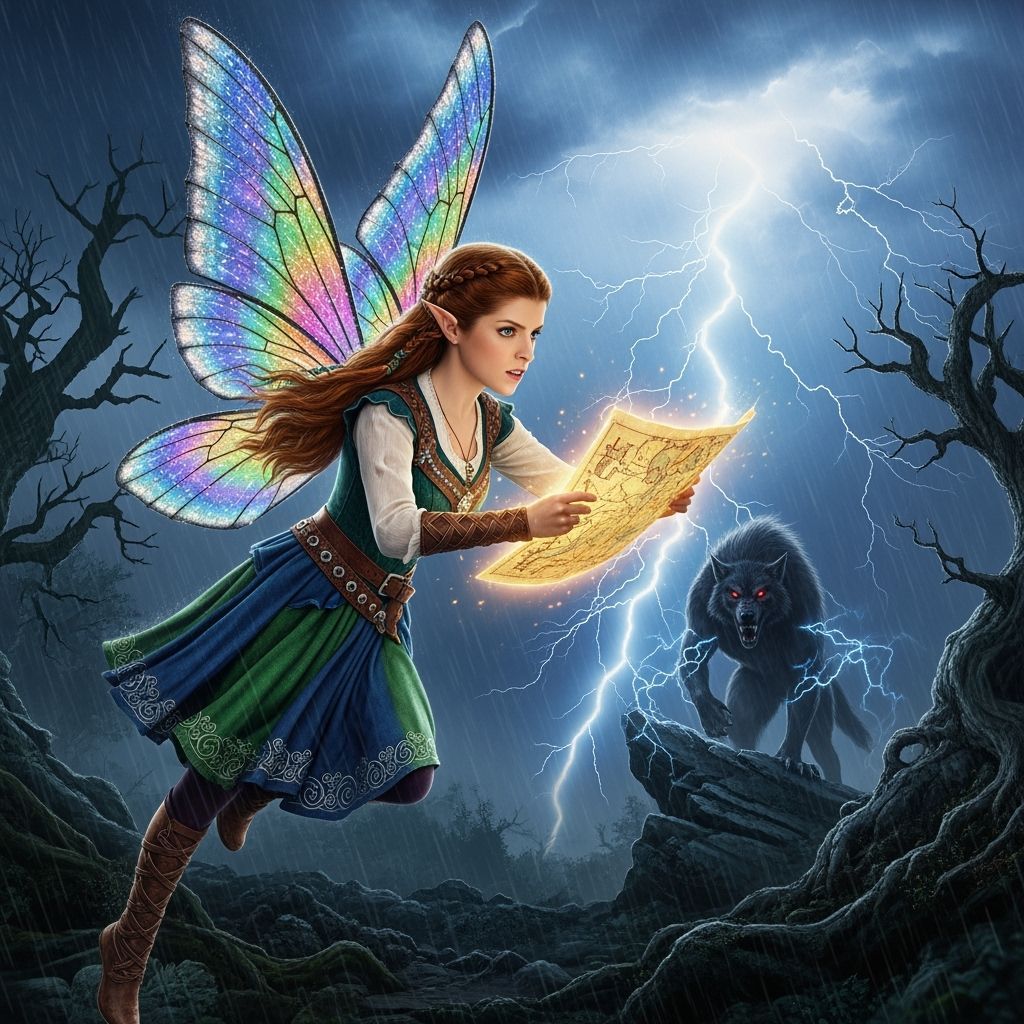 Fairy Princess Seeks Treasure in Thunderstorm with Werewolf