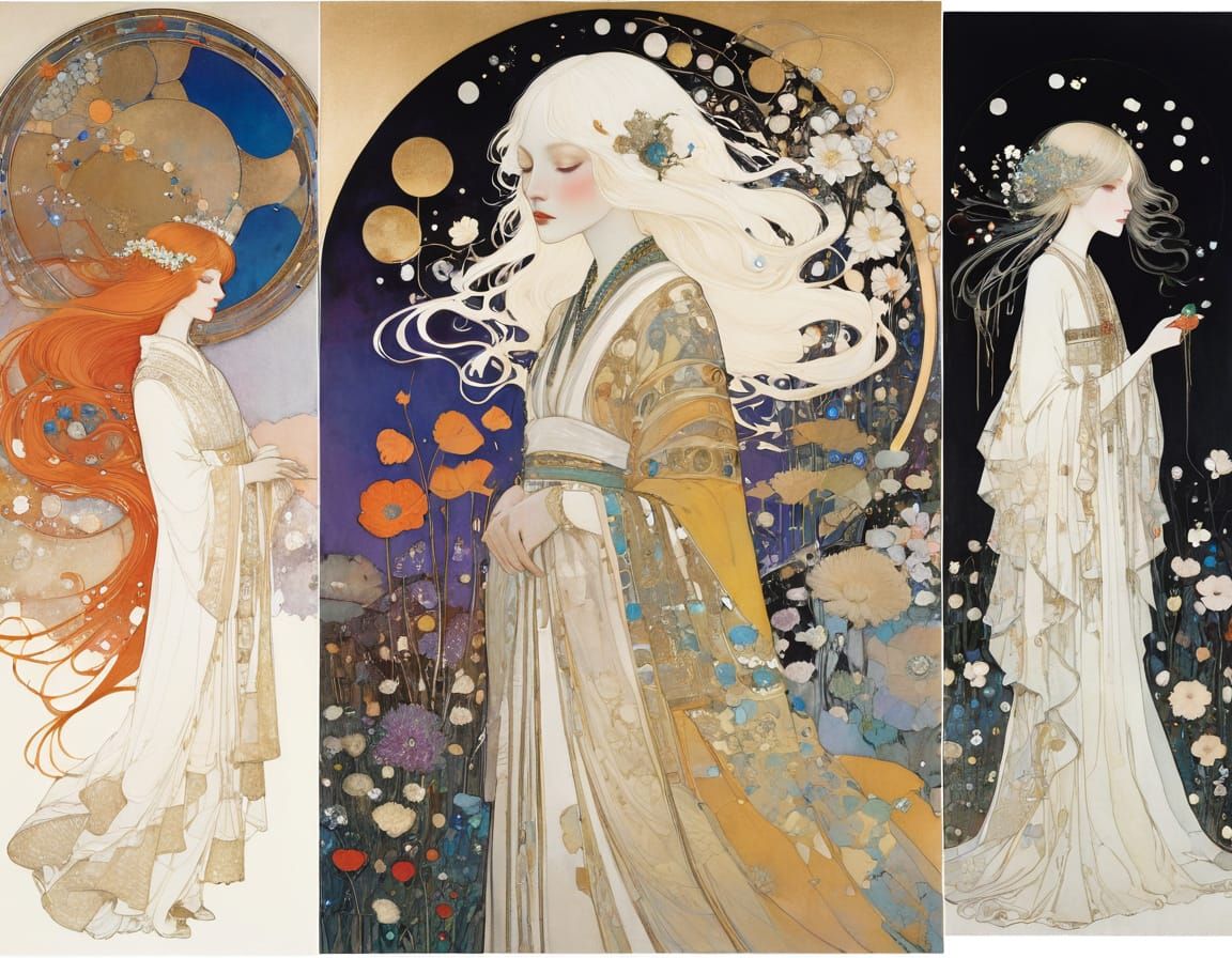 Ethereal Woman with White Flowers in Art Nouveau Style