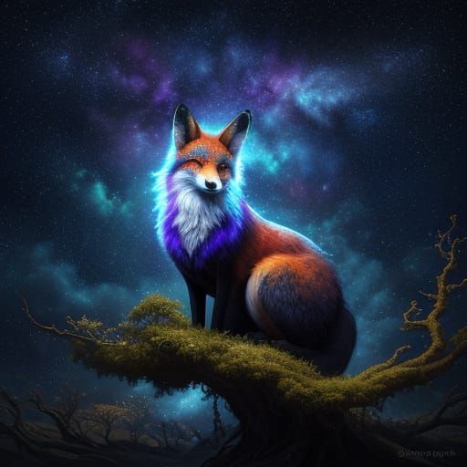 Cosmic Fox on Ancient Tree in Dreamlike Sky