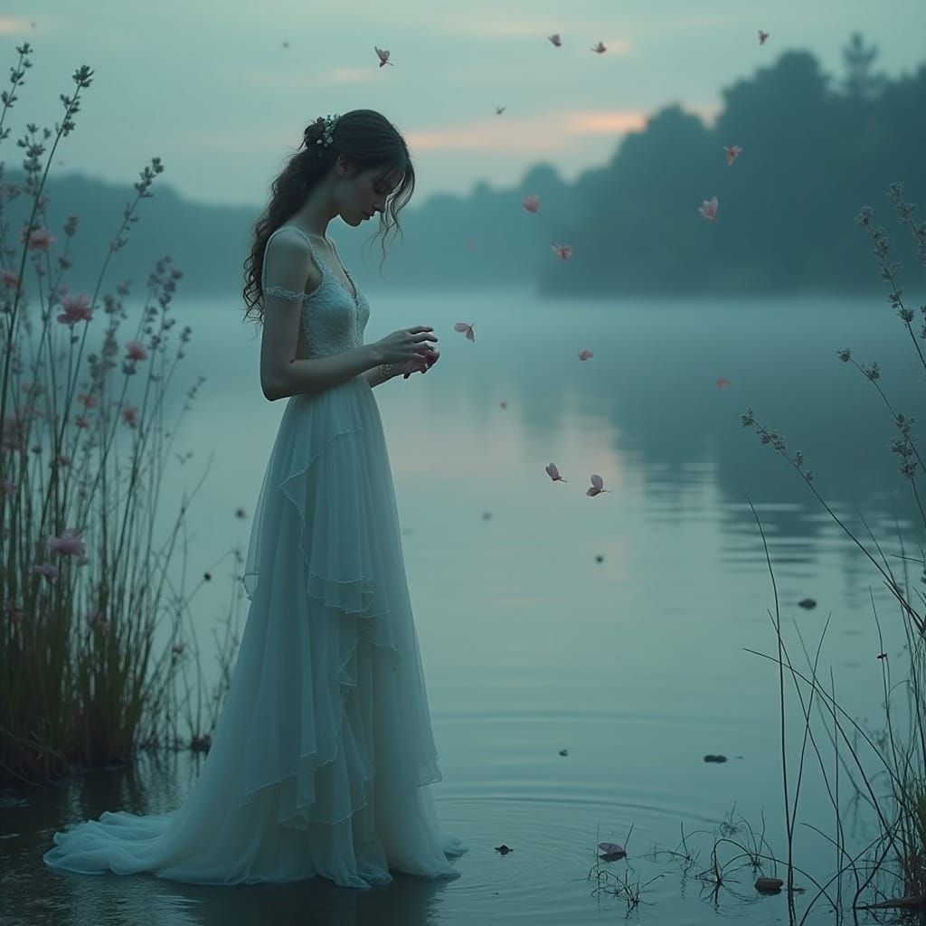 Ethereal Woman in Soft, Pastel Landscape