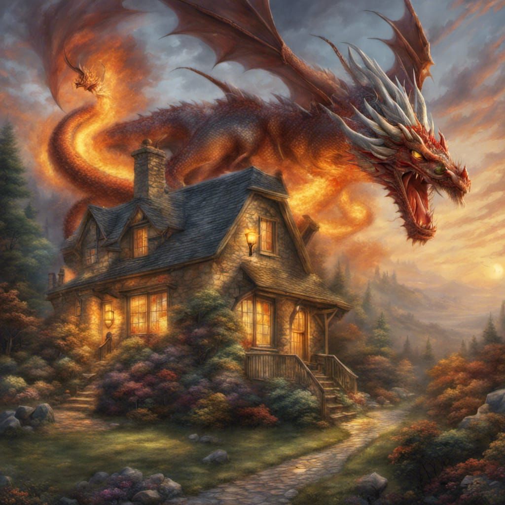 Dragon Attacks Cottage in Kinkade-Inspired Painting