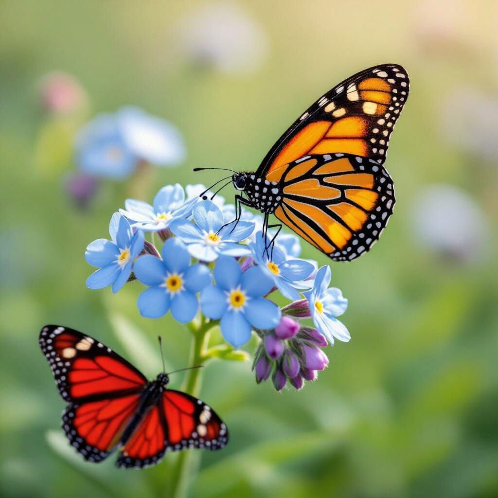 Forget-Me-Nots with Monarch and Red Butterfly Macro