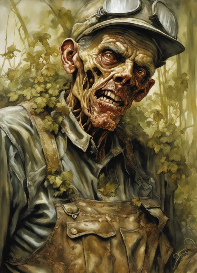 Zombie Worker in Overgrown Post-Apocalyptic Site