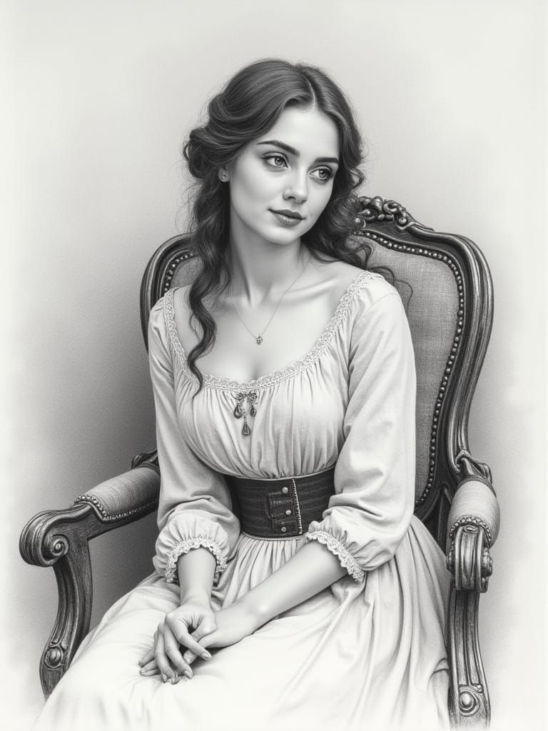 Elegant Victorian Lady in Parlor Pencil Drawing