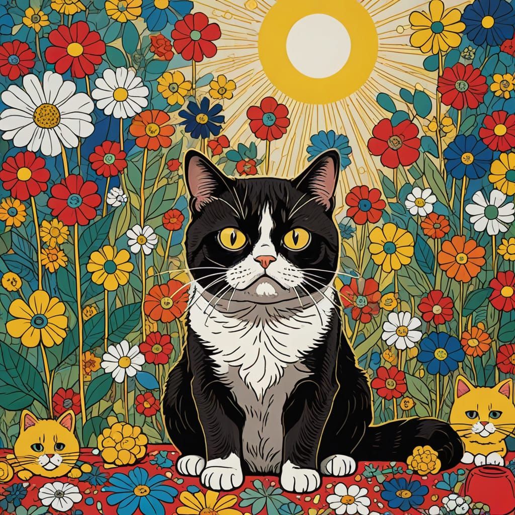 Sulky Feline in Whimsical Mixed Media Style