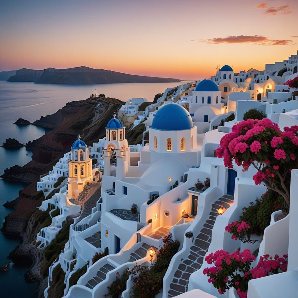 Santorini-Inspired Cliffside Village Basks in Amber Sunset