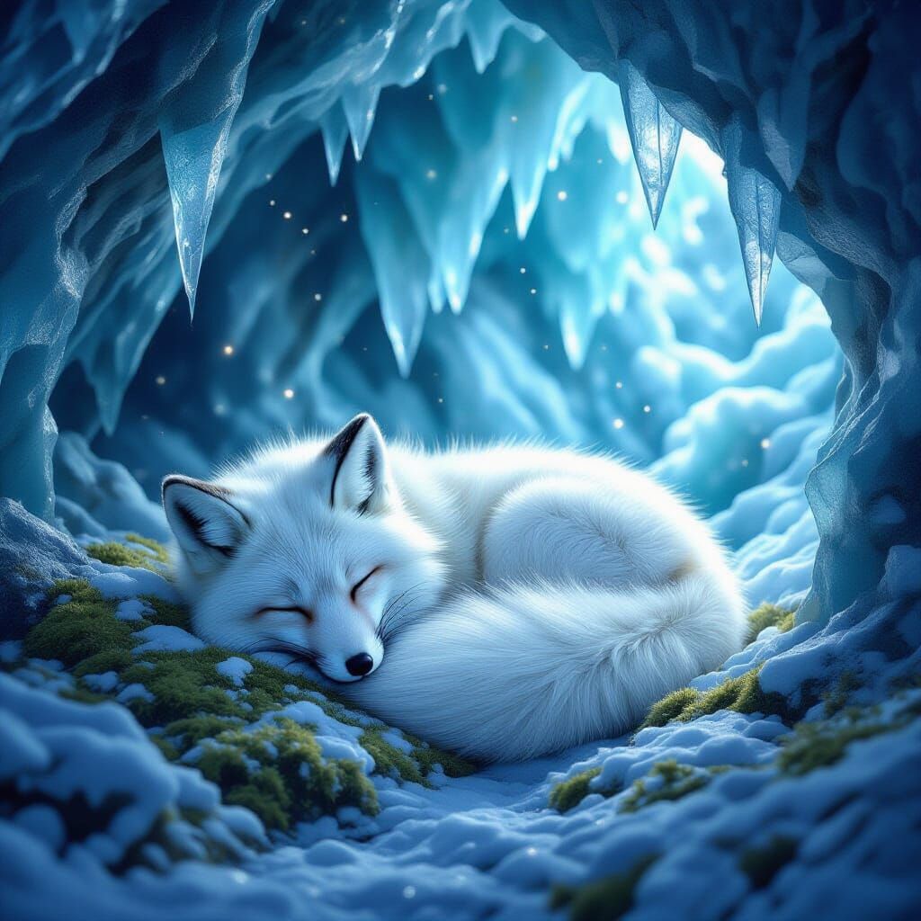Arctic Fox Asleep in Crystal Ice Cave
