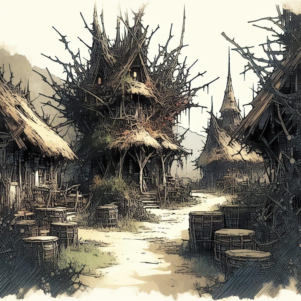 Enchanted Bramble Village as Watercolor Painting