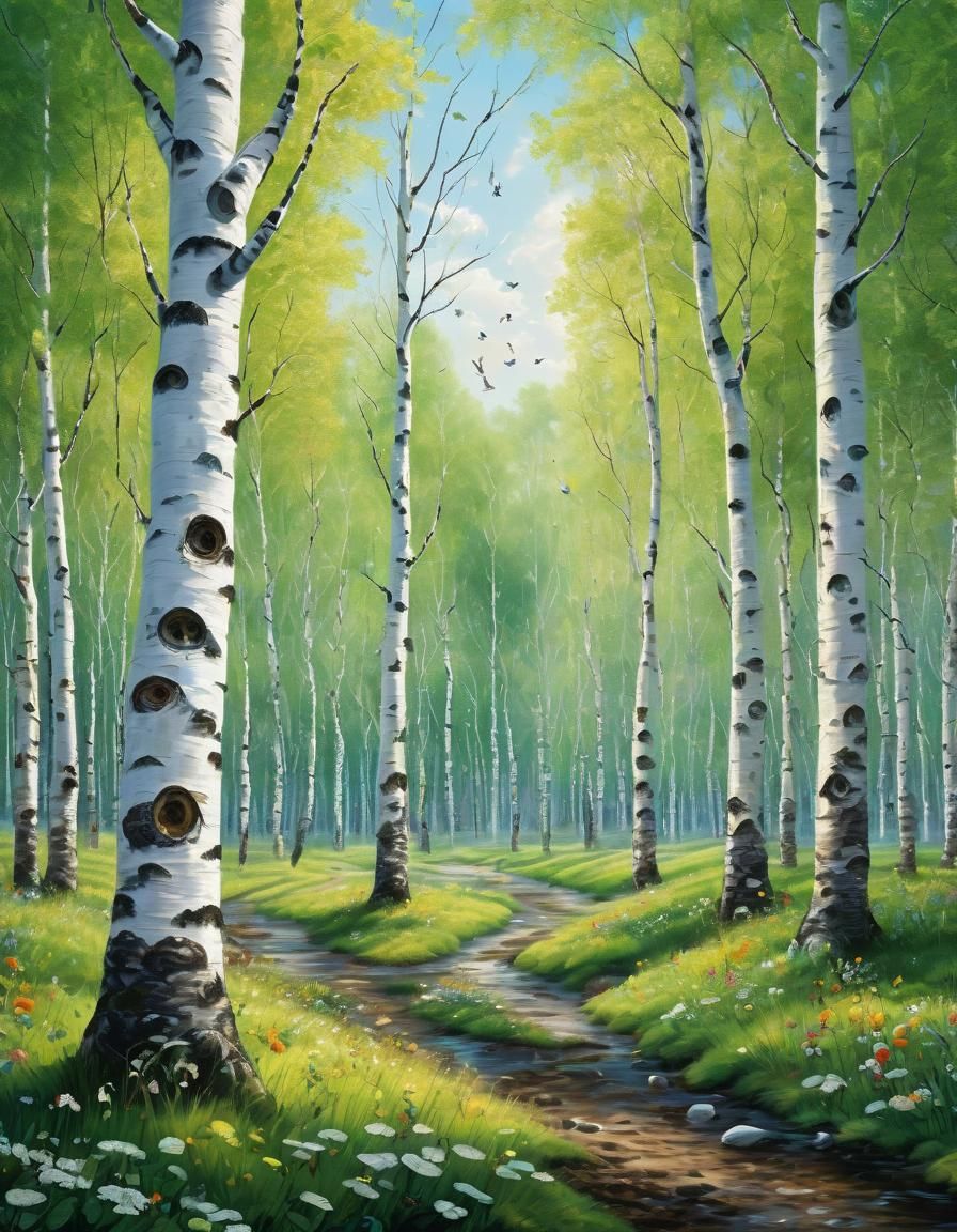 Detailed Birch Grove with Sunlight and Intricate Details