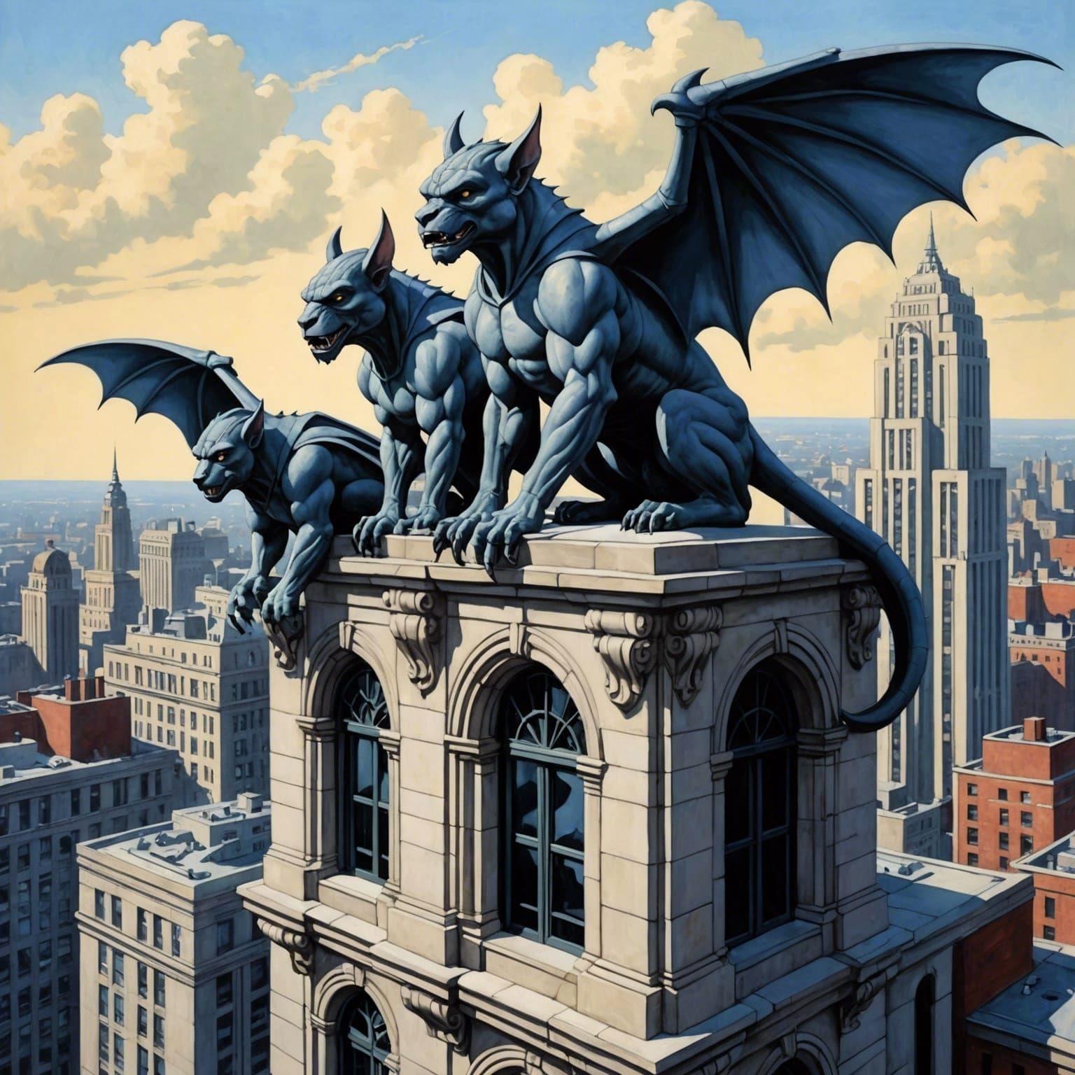 Art Deco Gargoyles in Gouache Style