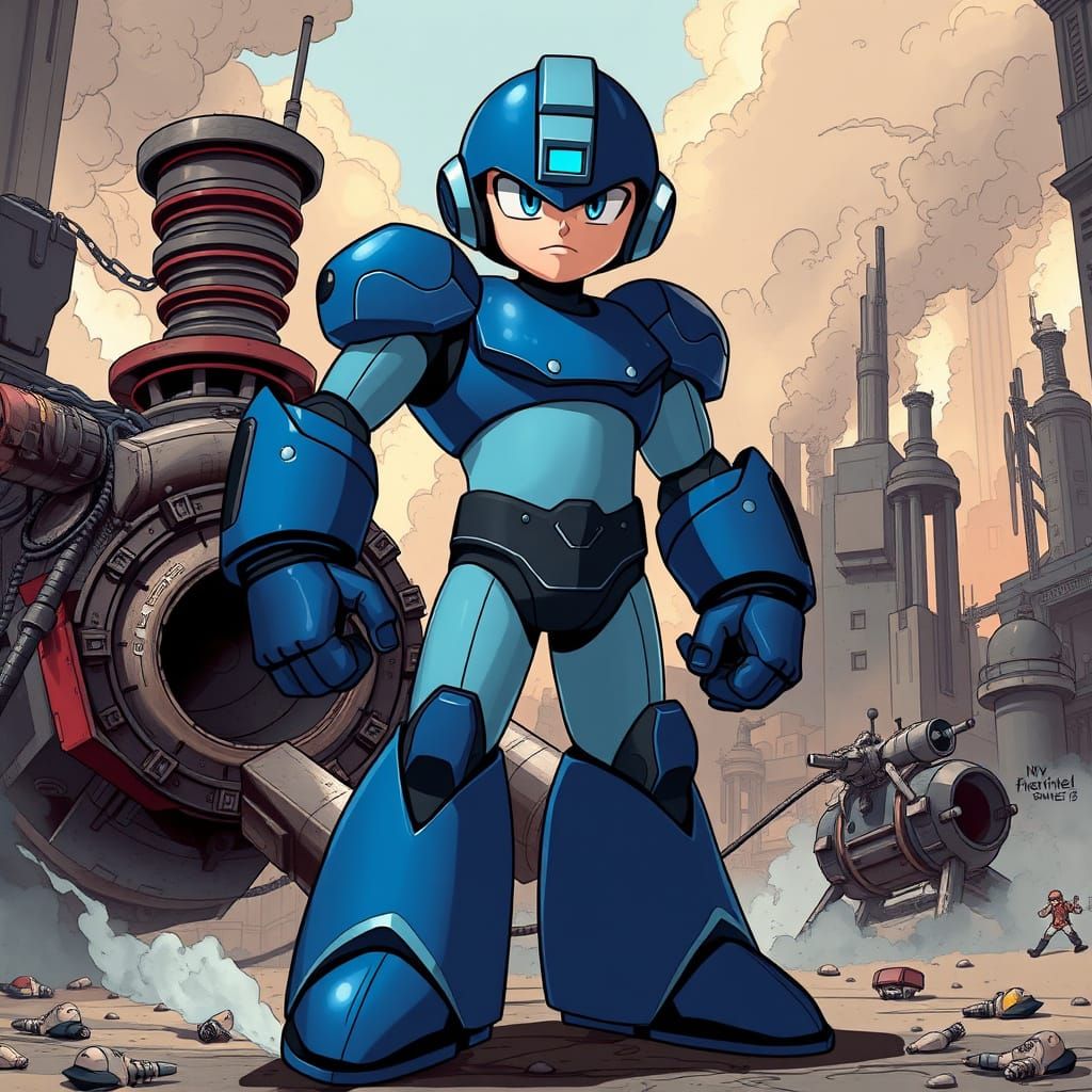 Mega Man in a Futuristic Post-Apocalyptic Cityscape