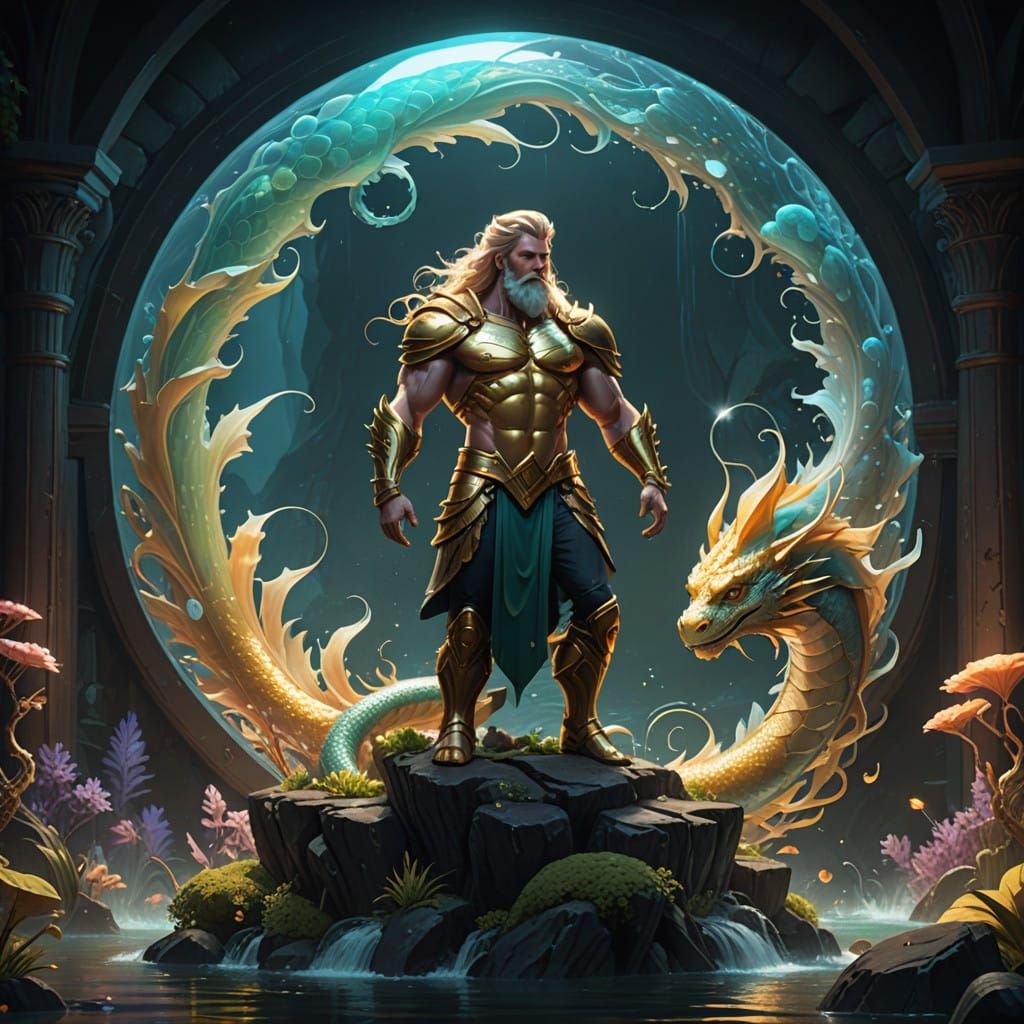 Surreal Merman Glows Amidst Whirling Water and Fish