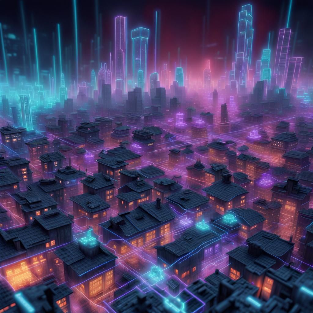 Dark Fantasy City Hologram in Vaporwave Style