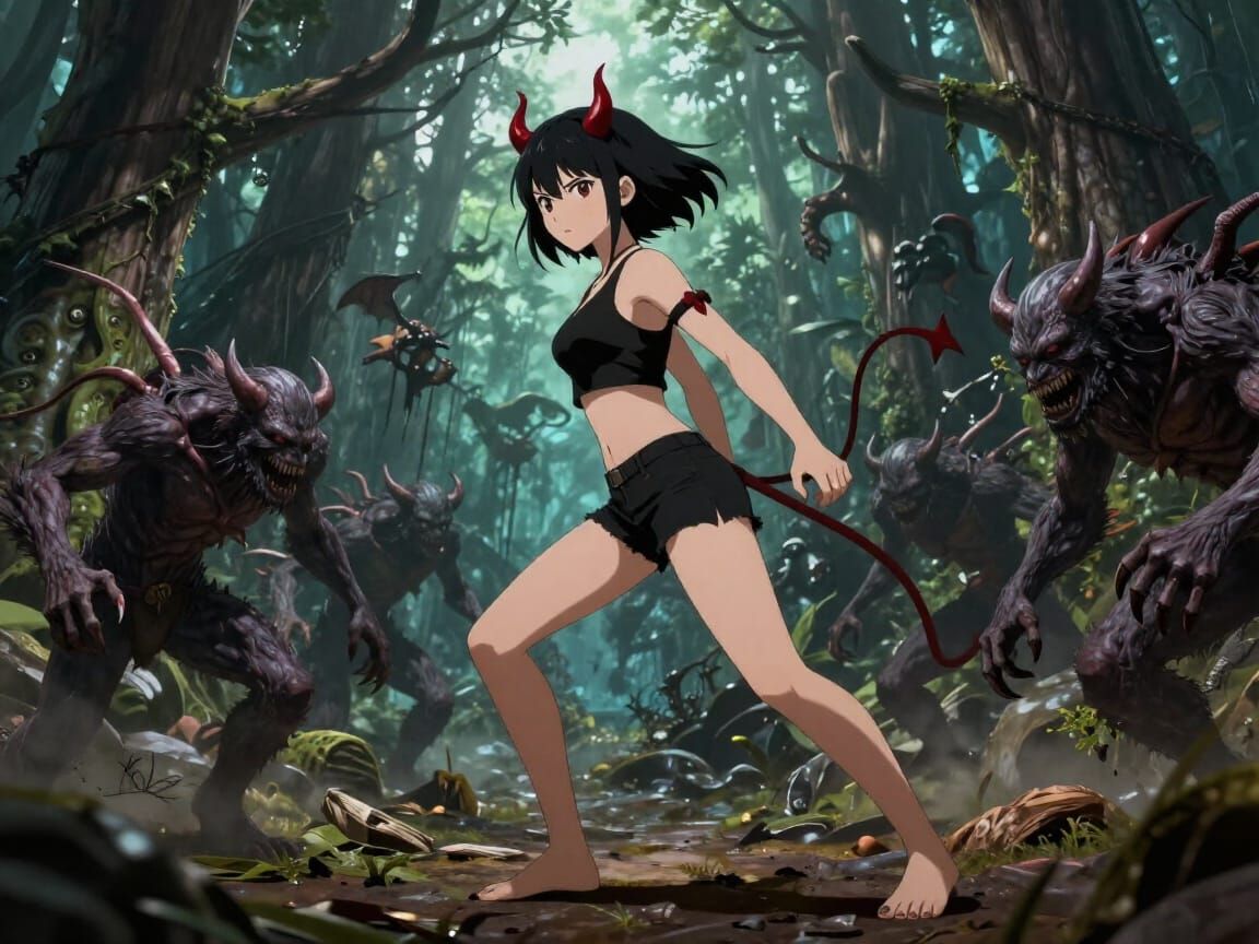Anime Devil Woman Fights Monsters in Detailed Fantasy Forest