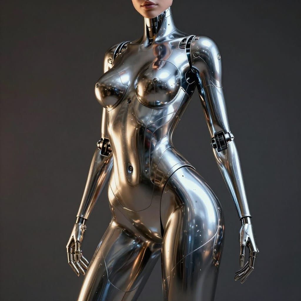 A sleek curvy female woman robot with a metal featureless face. The scene is dimly lit, focusing on the intricate detail...
