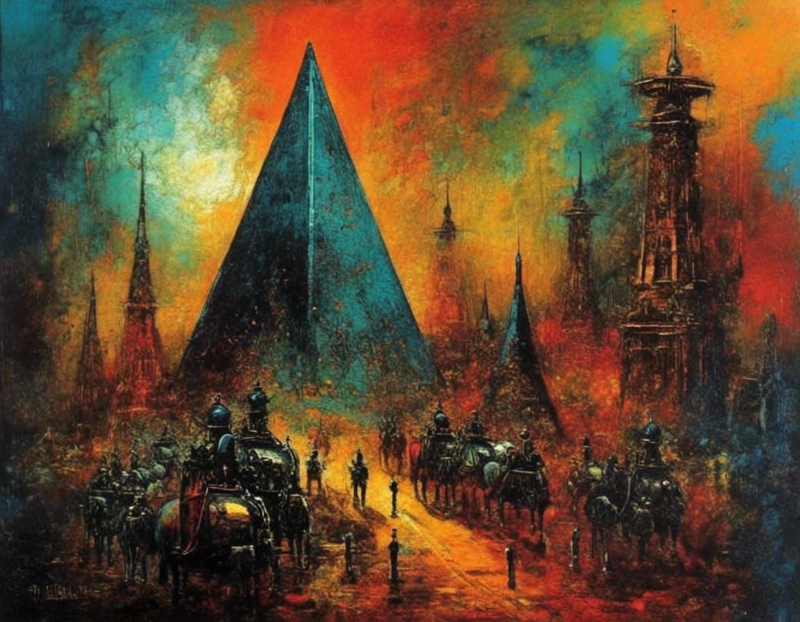 Gothic Space Pyramid in Expressionist Mixed Media